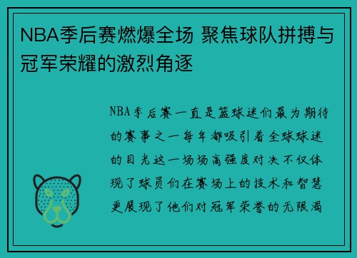 NBA季后赛燃爆全场 聚焦球队拼搏与冠军荣耀的激烈角逐