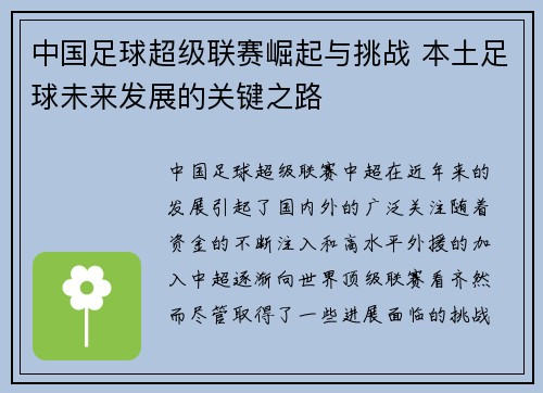 中国足球超级联赛崛起与挑战 本土足球未来发展的关键之路